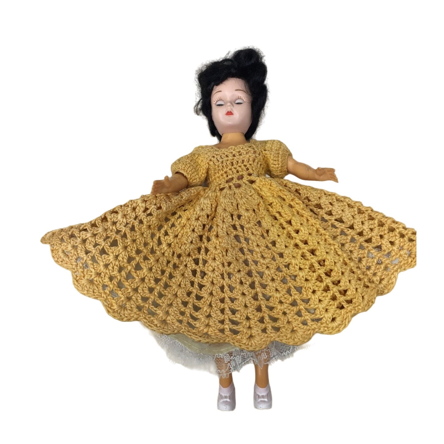 Vintage Collectible Doll Black Hair/Blue Eyes, Wearing Yellow Crocheted Dress & Hat