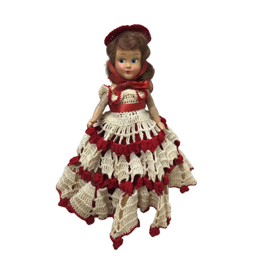 Vintage Collectible Doll with Beautiful White/Red Crocheted Dress- Doll's Arms Move