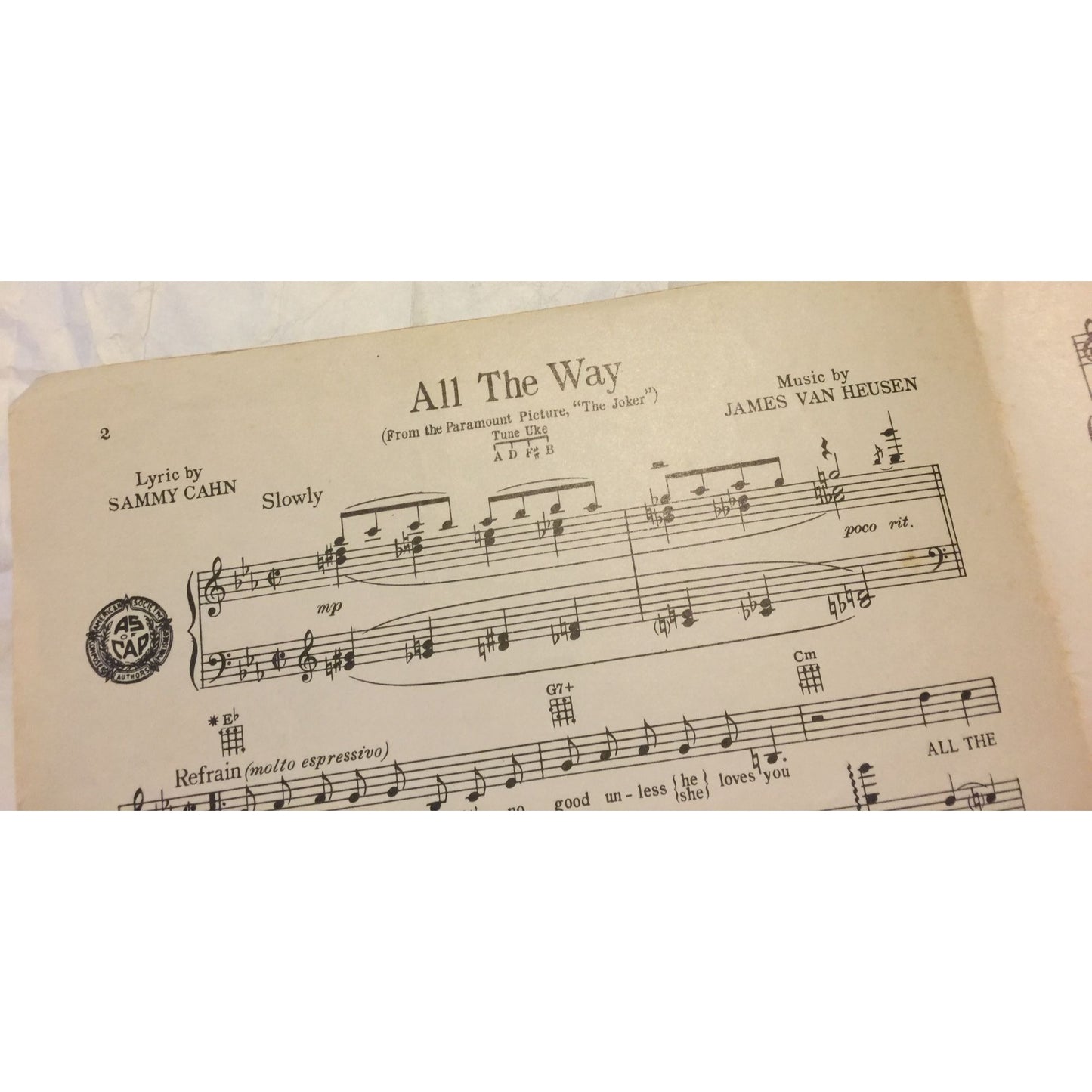 All The Way by Sammy Cahn & James Van Heusen- Frank Sinatra- Vintage Sheet Music