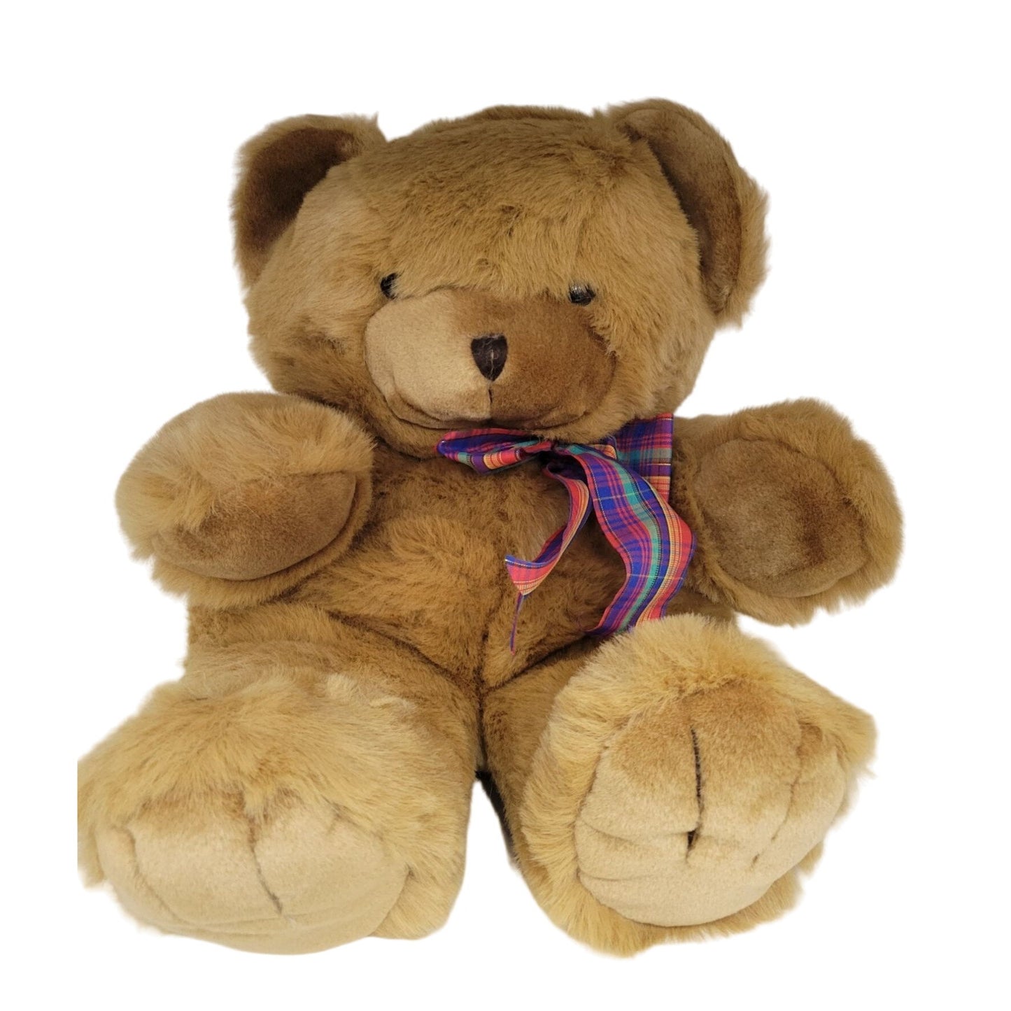 Brown Teddy Bear Stuffed Animal Plush Wearing Colorful Ribbon Bow around Neck