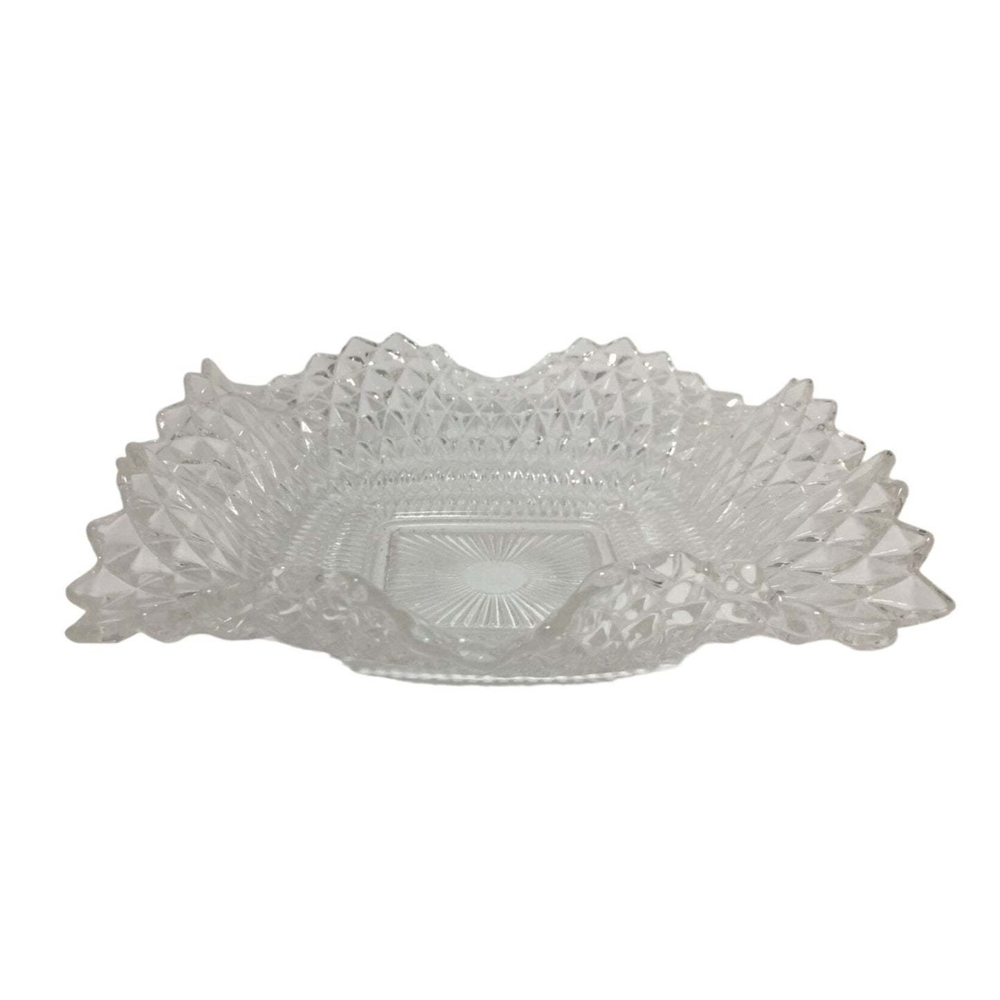 Vintage Indiana Glass Co Diamond Cut Design Square Dish w/ ruffled Edges