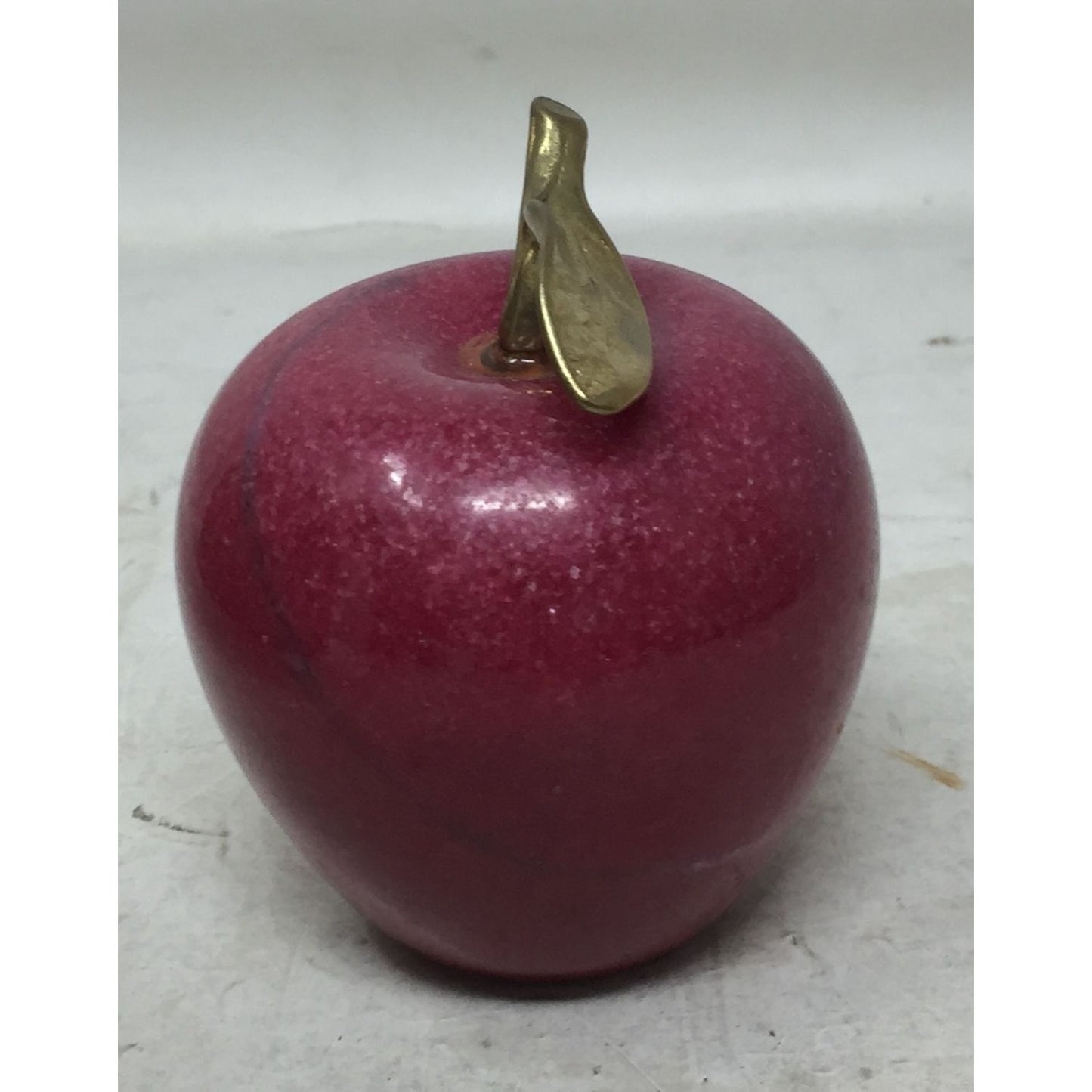 Vintage Polished Marble Red Apple with Brass Stem Leaf Heavy Paperweight