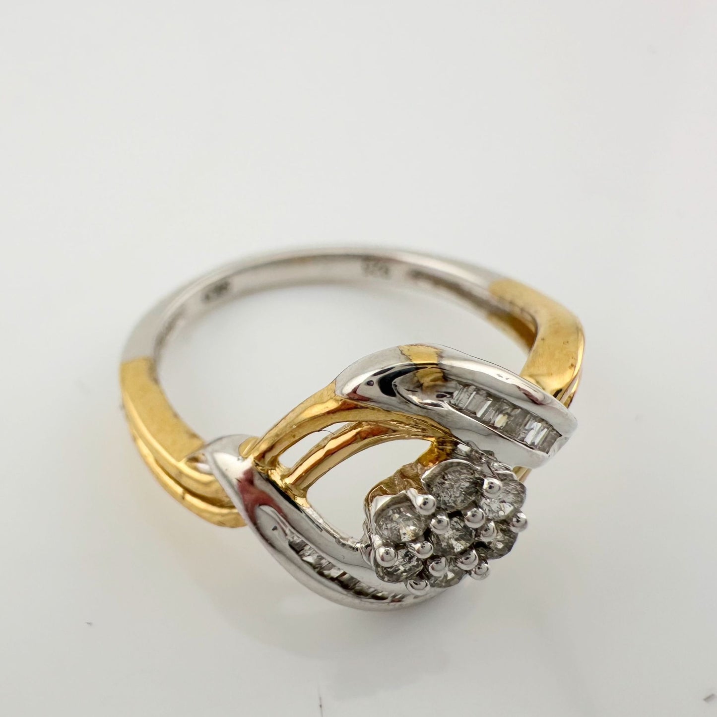 Beautiful 1/4 ct Diamond Ring Baguette and Flower Cluster with Two-Tone Sterling Band Size 7