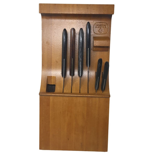 Vintage Flint Stainless Vanadium Six Piece Cutlery Set W/ Wood Storage Block