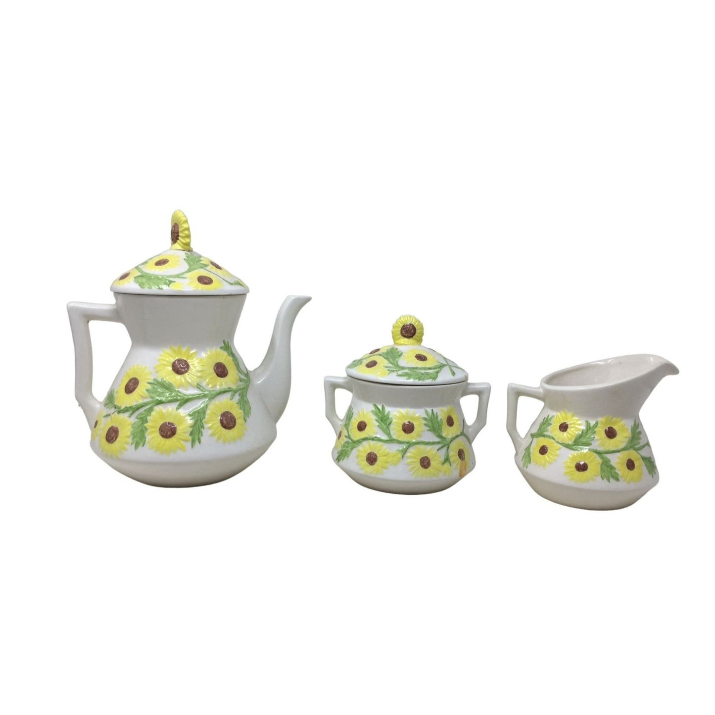 Beautiful Sunflowers! Retro Lidded Tea Set w Pot, Sugar Dish & Creamer Pitcher