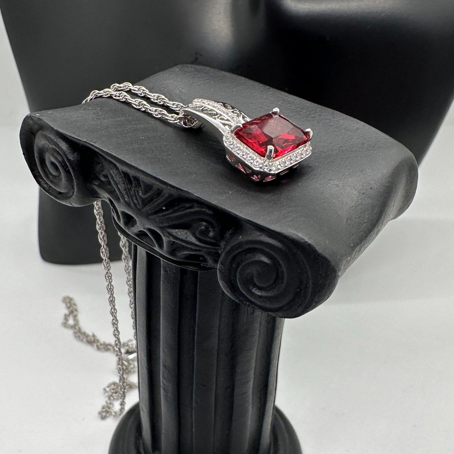 4.10 Carat Emerald Cut Ruby Designer Pendant - Sterling Silver Setting & Chain - Beautiful Filagree Detailing