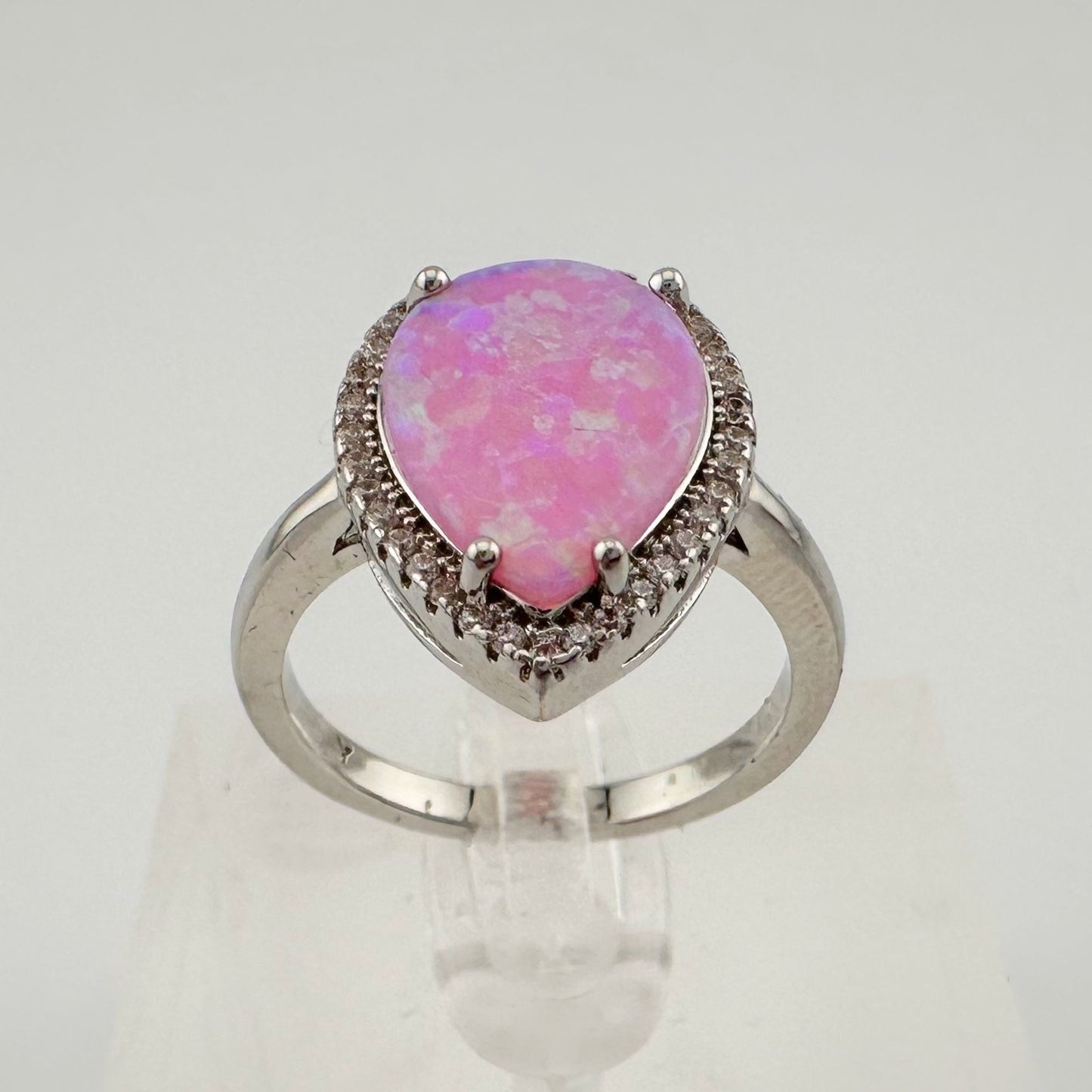 Vibrant Pink Opal Teardrop Ring - Size 7