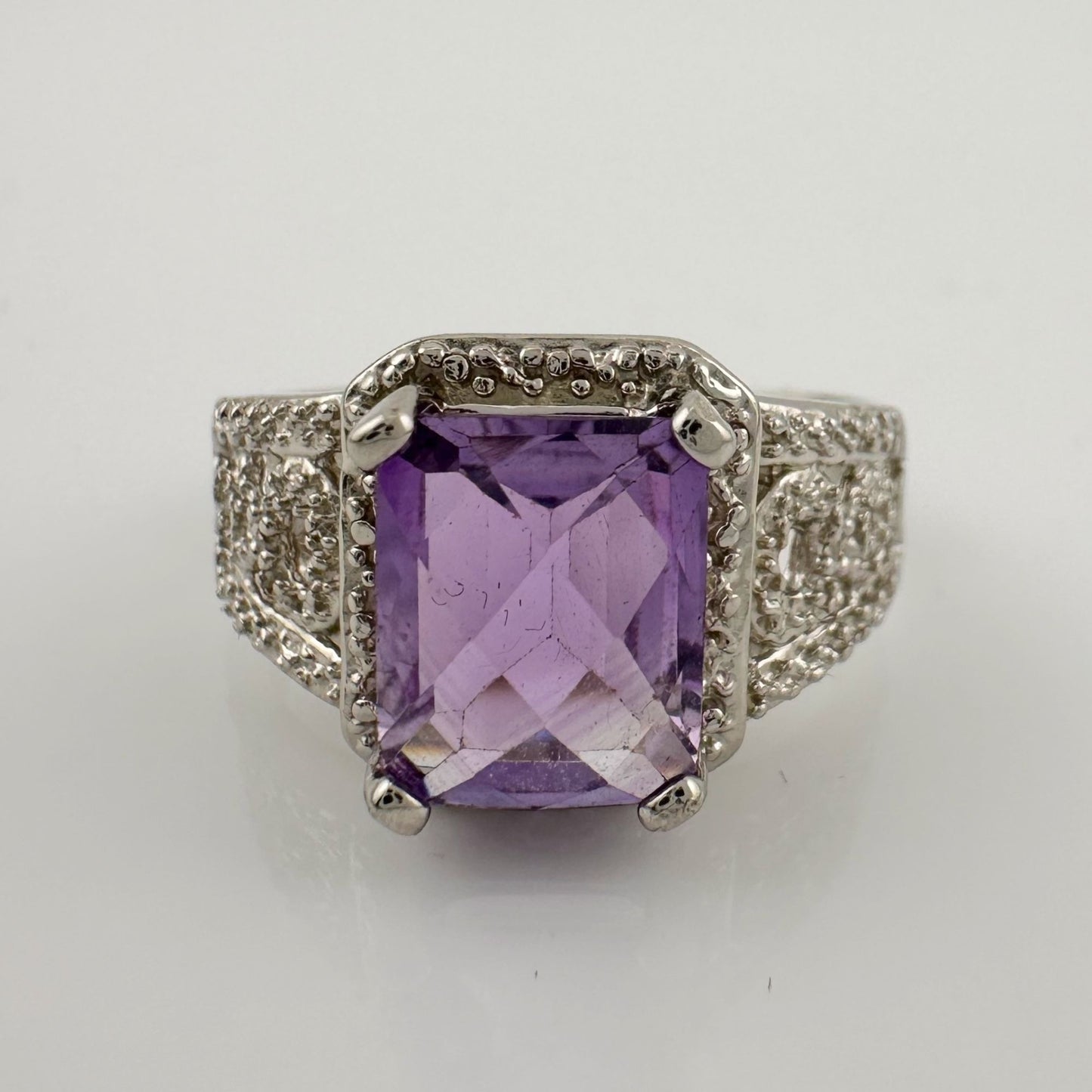 Beautiful Emerald Cut 2.25 Carat Amethyst Ring - Sterling w Diamond Accent Size 8