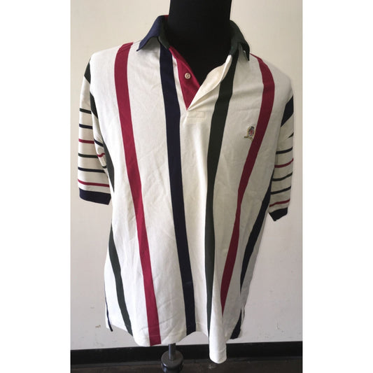 Tommy Hilfiger Men's Size Medium Striped Collared Shirt- Red, White, Green, Navy Blue