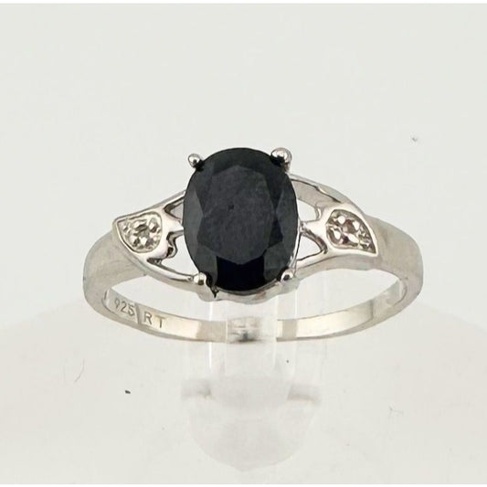 Black Sapphire and Diamond Accent Oval Ring - Sterling Silver - Simple Beauty!