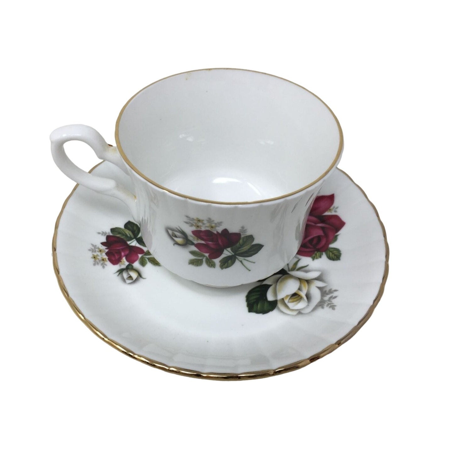 Royal Stafford Bone China Tea Cup and Saucer Set Gold Rimmed with Roses Printed on Each