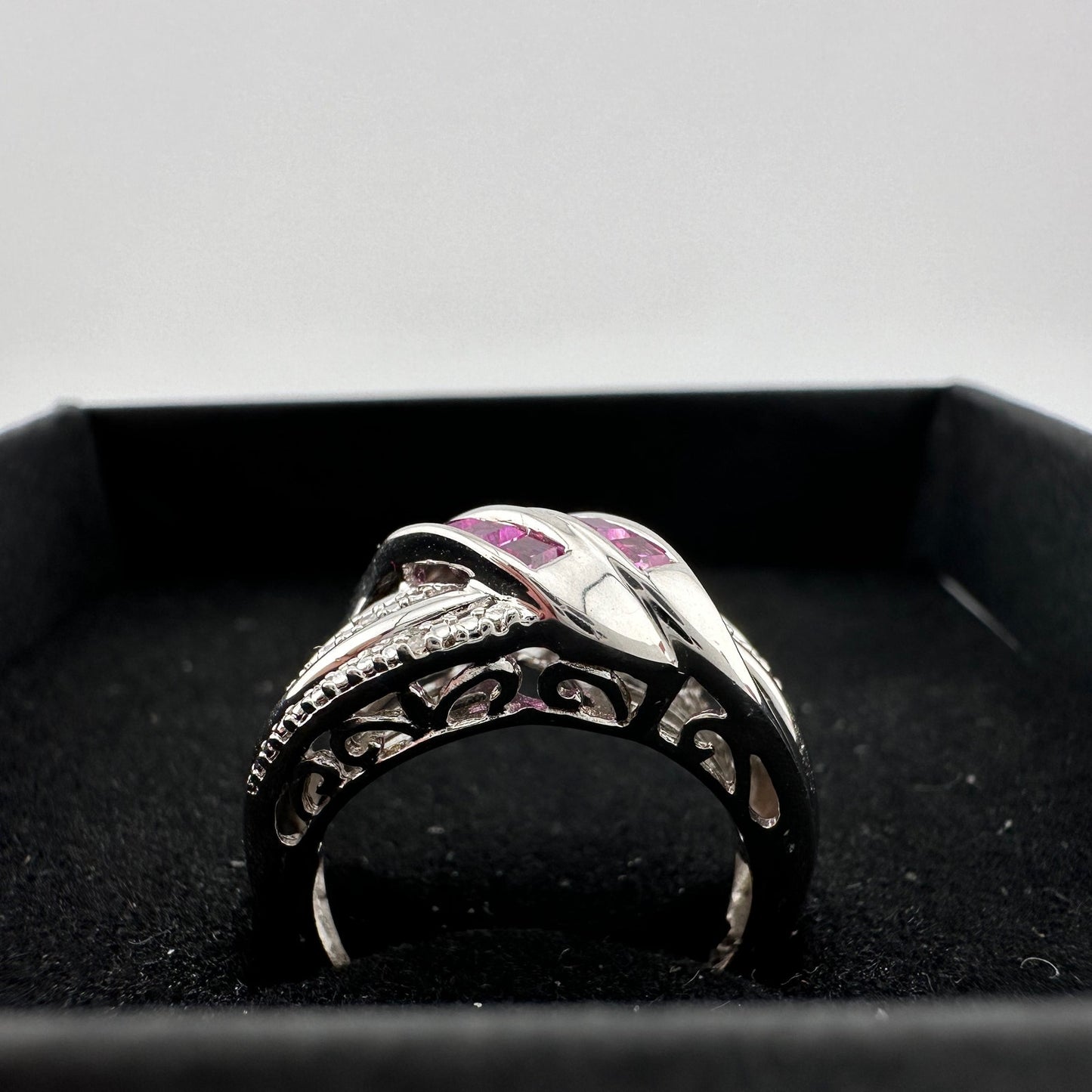 Detailed Lab Created Pink Sapphire and Sterling Ring - Size 7