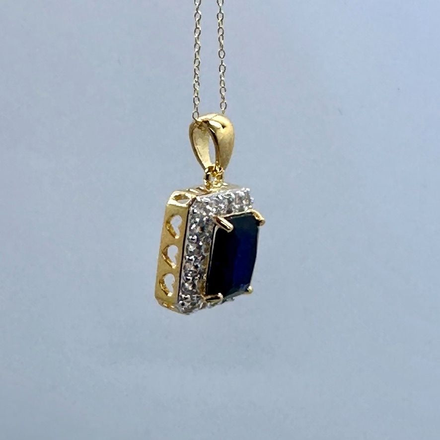 Beautiful 4 Carat Emerald Cut Blue Amethyst Pendant Heart Filagree Pattern Gold Overlay Sterling Silver