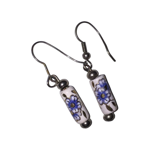 Womens Beautiful Dangly Blue, White & Silver Flower Printed Earrings