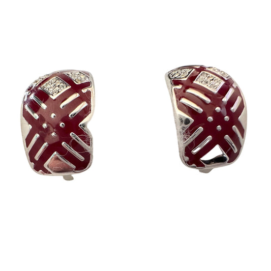 Burberry Silver and Maroon Nova Check Clip On Earrings