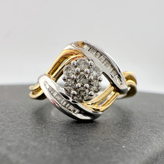 Beautiful 1/4 ct Diamond Ring Baguette and Flower Cluster with Two-Tone Sterling Band Size 7