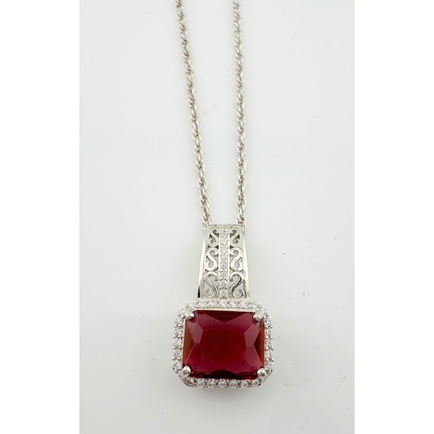 4.10 Carat Emerald Cut Ruby Designer Pendant - Sterling Silver Setting & Chain - Beautiful Filagree Detailing