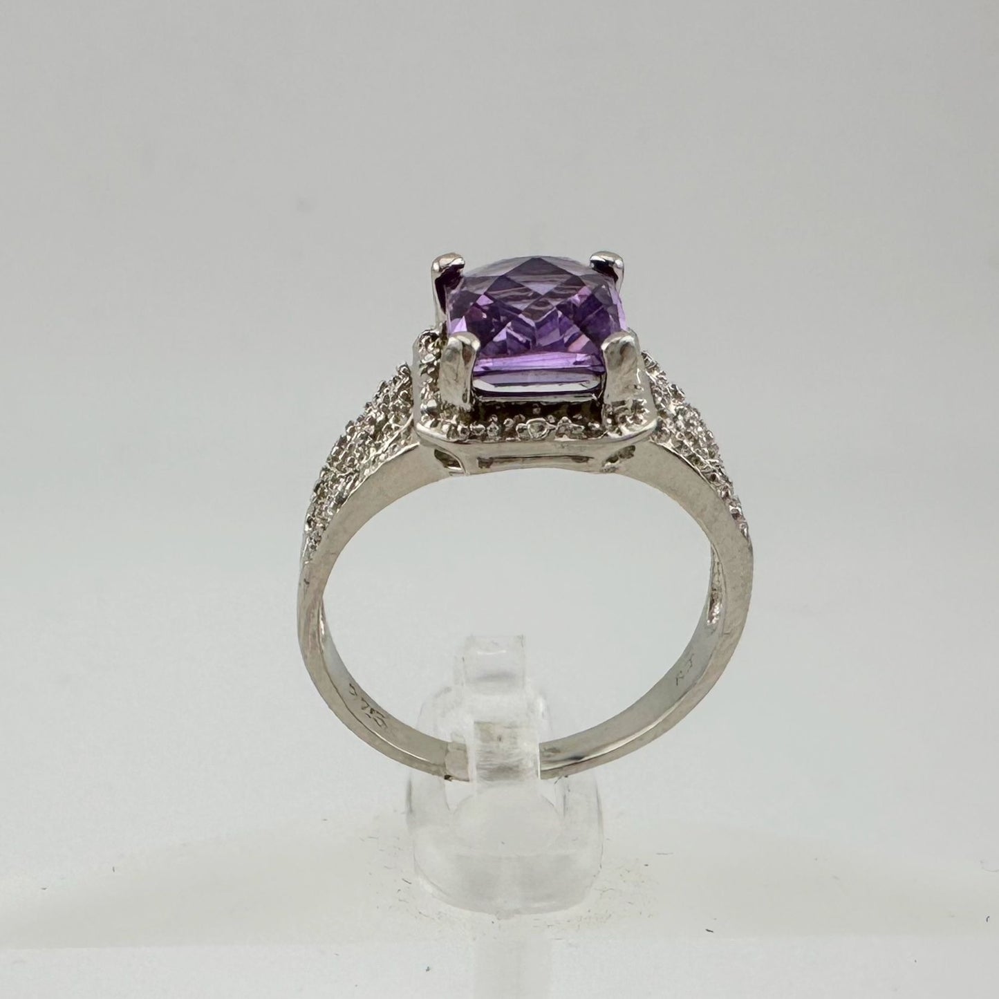 Beautiful Emerald Cut 2.25 Carat Amethyst Ring - Sterling w Diamond Accent Size 8