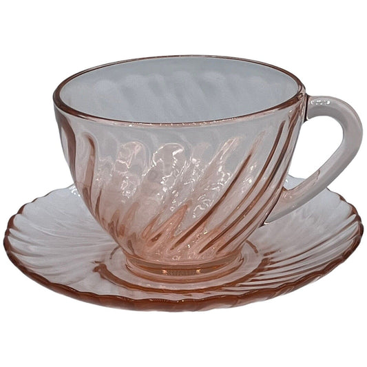 Arcoroc France French Rosaline Pink Swirl Glass Saucer and Handled Tea Cup