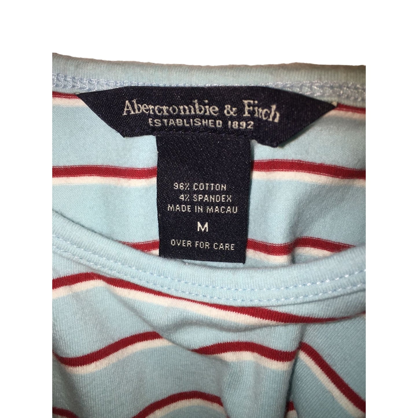 Vintage Ambercrombie & Fitch  Light Blue Red white Stripe Top - Size Medium - Round Collar with Lady Bug on left chest