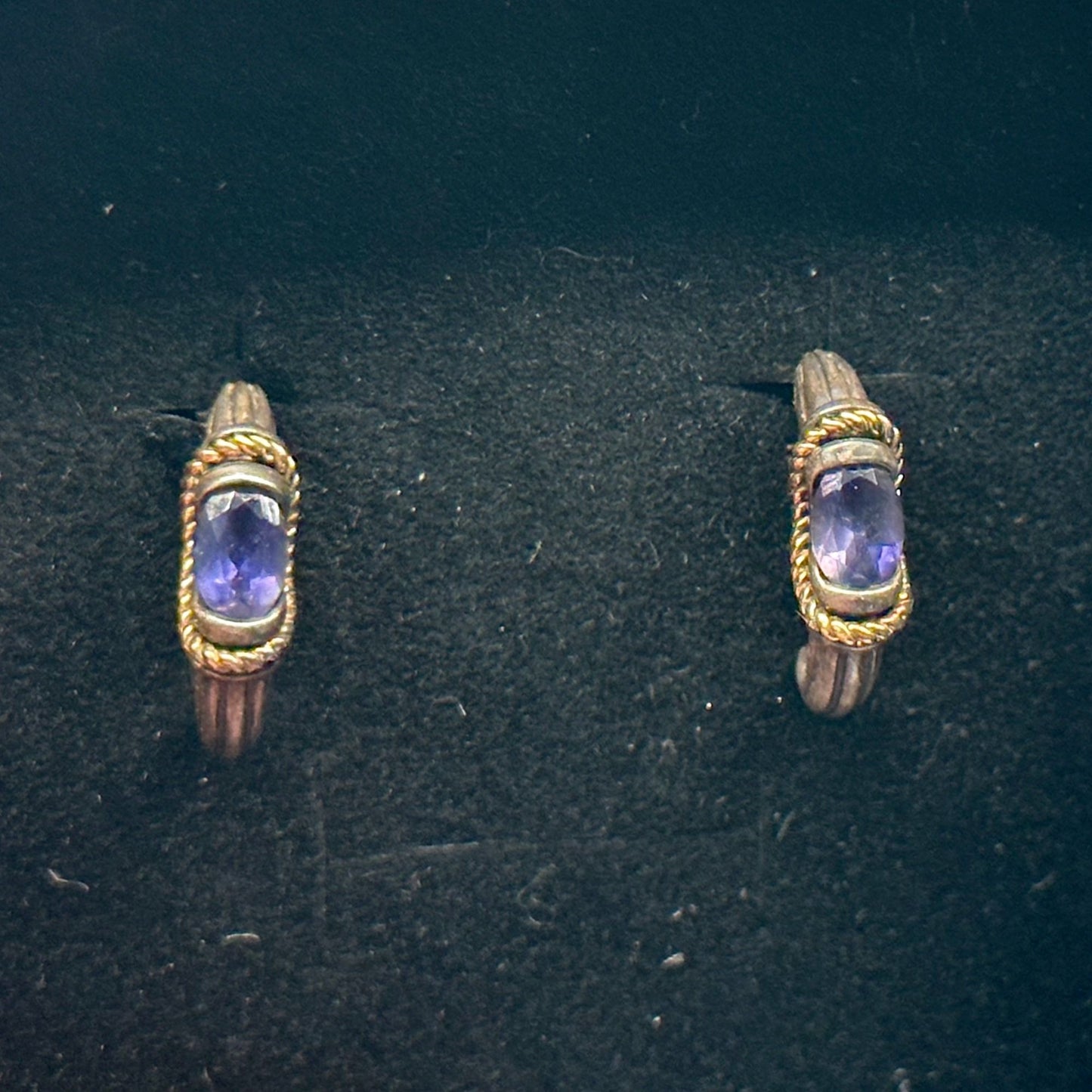 Amethyst Earrings - unique design - C shape with twisted gold band around stone 18K and .925 on back