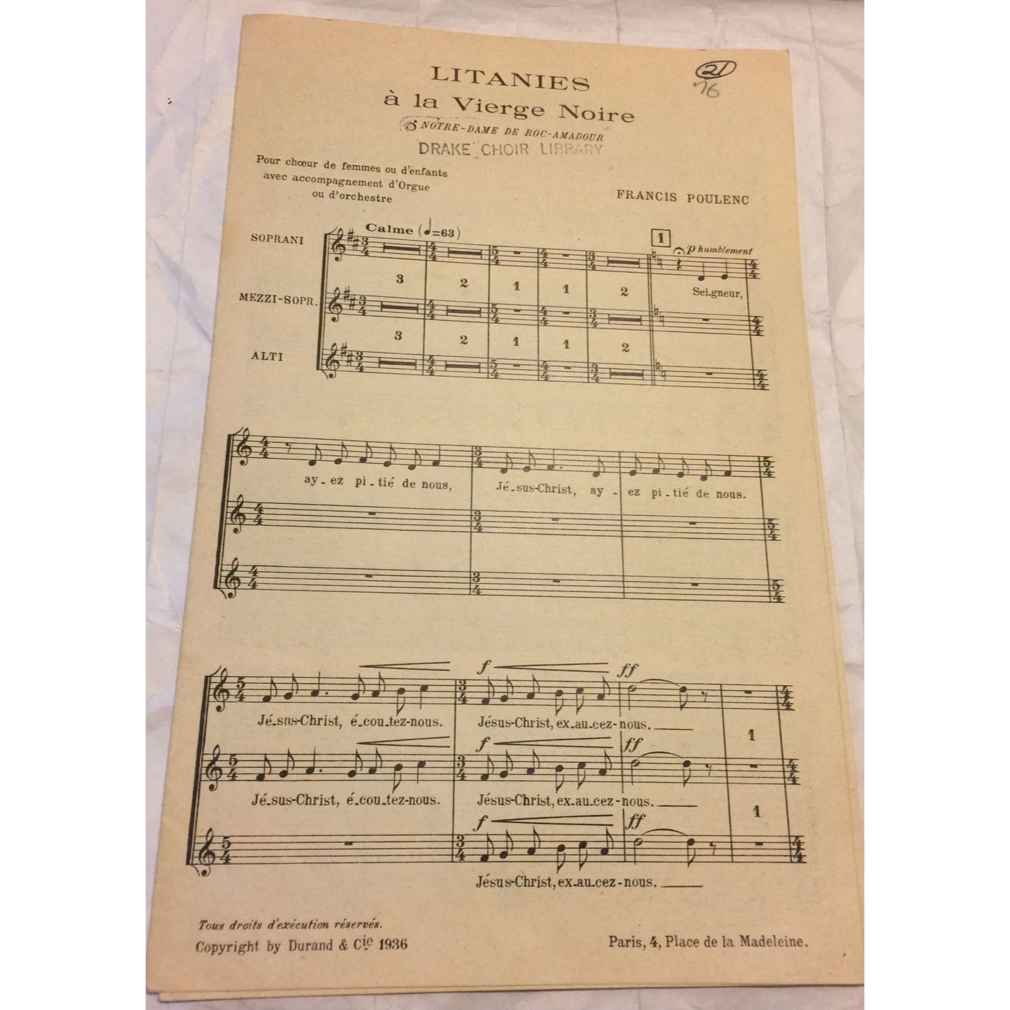 Litanies a la Vierge Noire Vintage Sheet Music Paperback Book