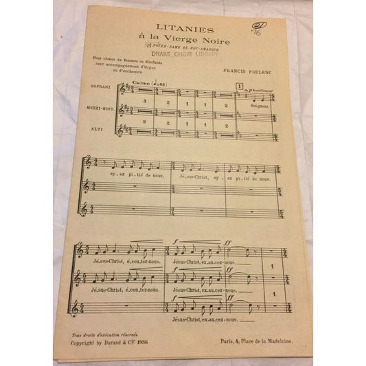 Litanies a la Vierge Noire Vintage Sheet Music Paperback Book