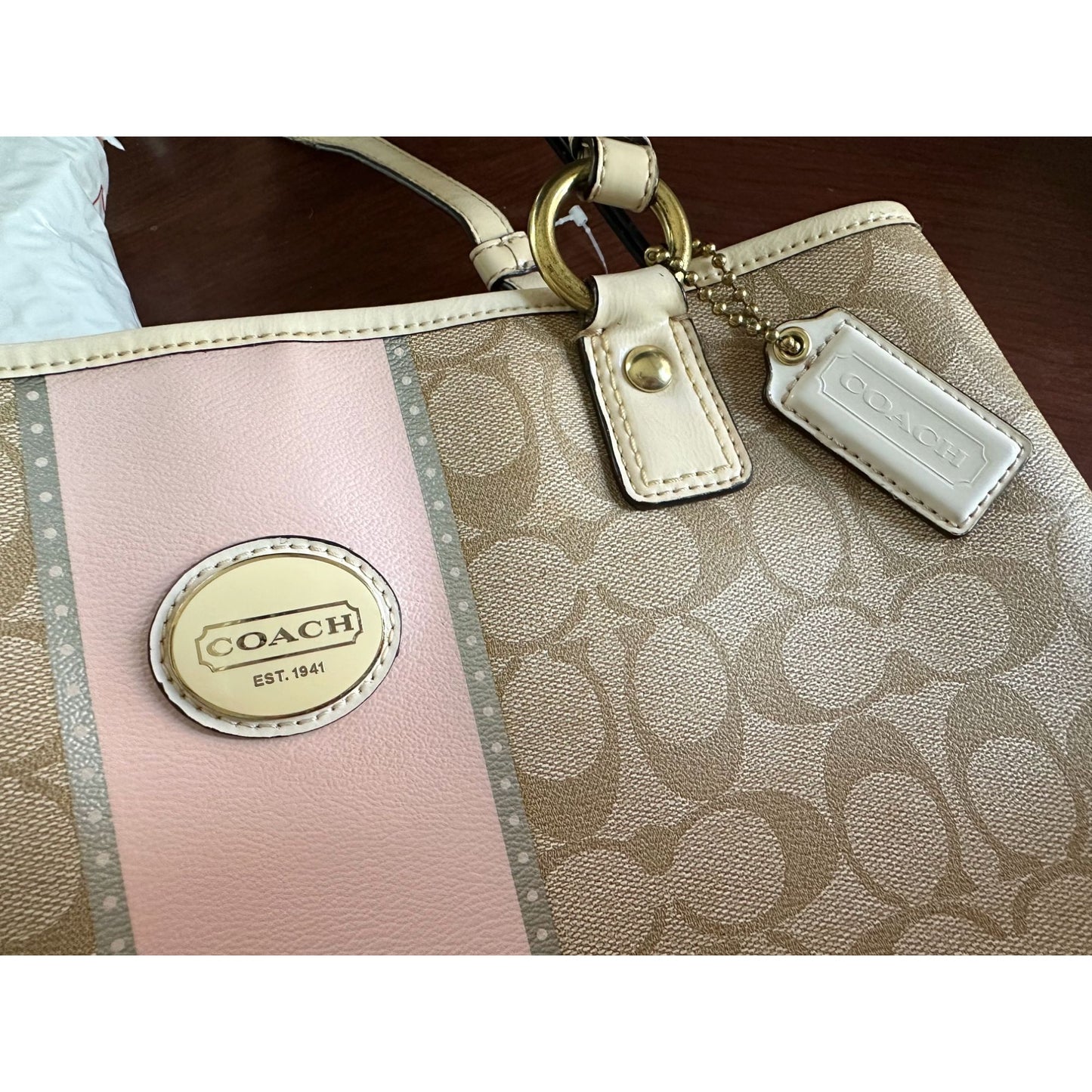 Vintage COACH Signature Cream & Pink Handbag