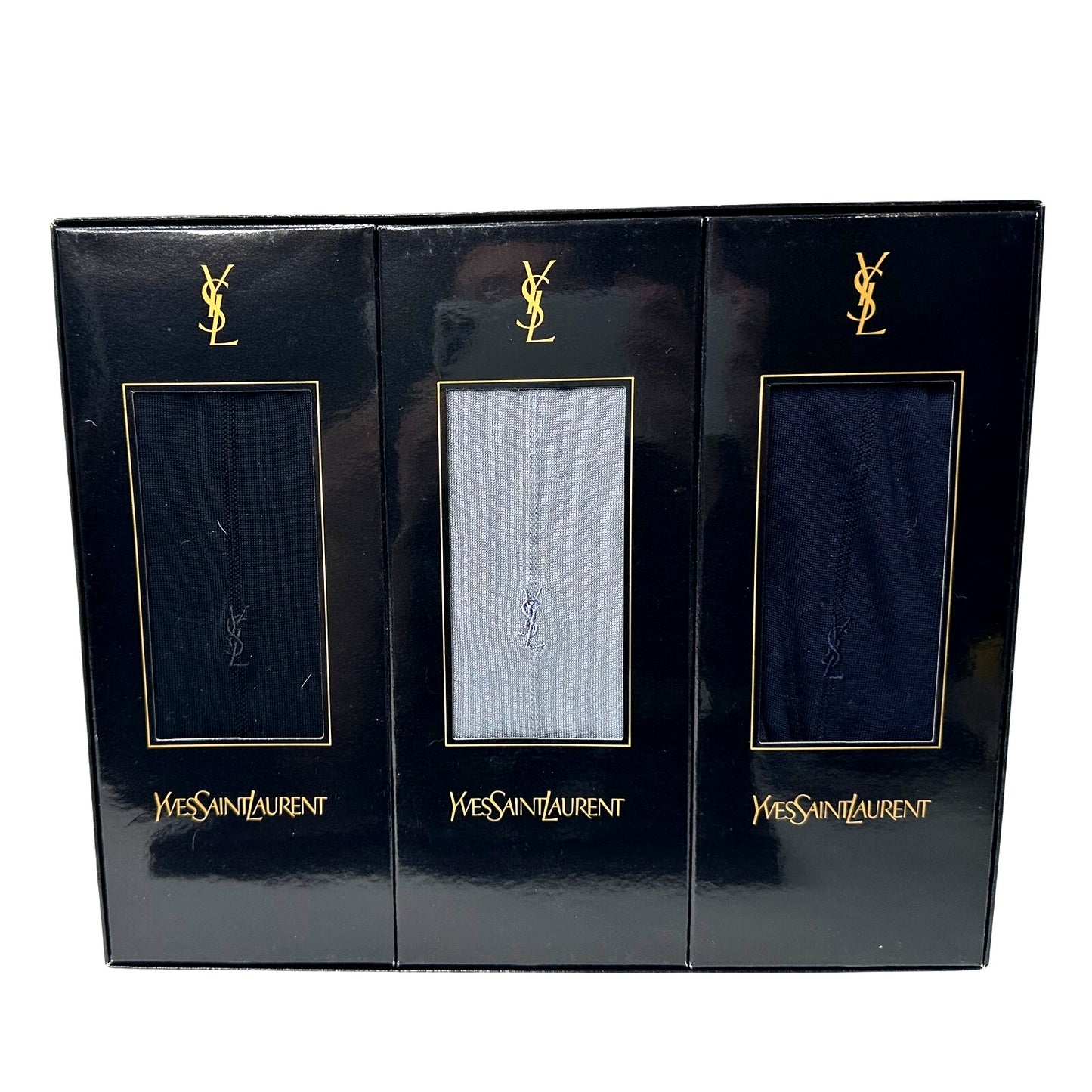 Yves Saint Laurent (YSL) Dress Socks Gift Set (Blue, Gray, Black)