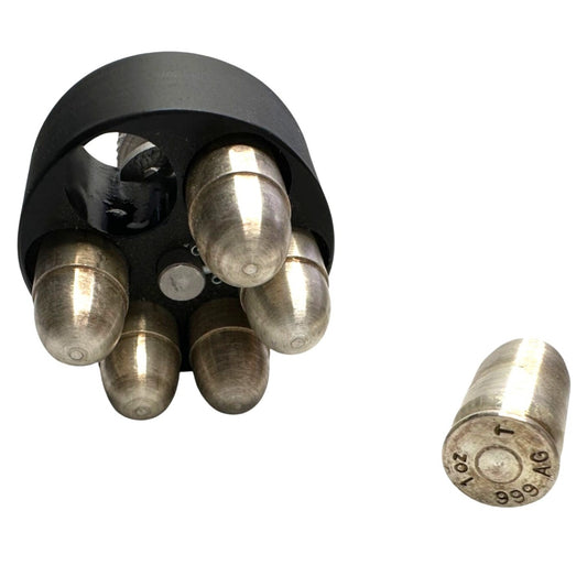 Six 1 Ounce .999 Pure Silver Bullets in Revolver Speedloader (for decoration only)