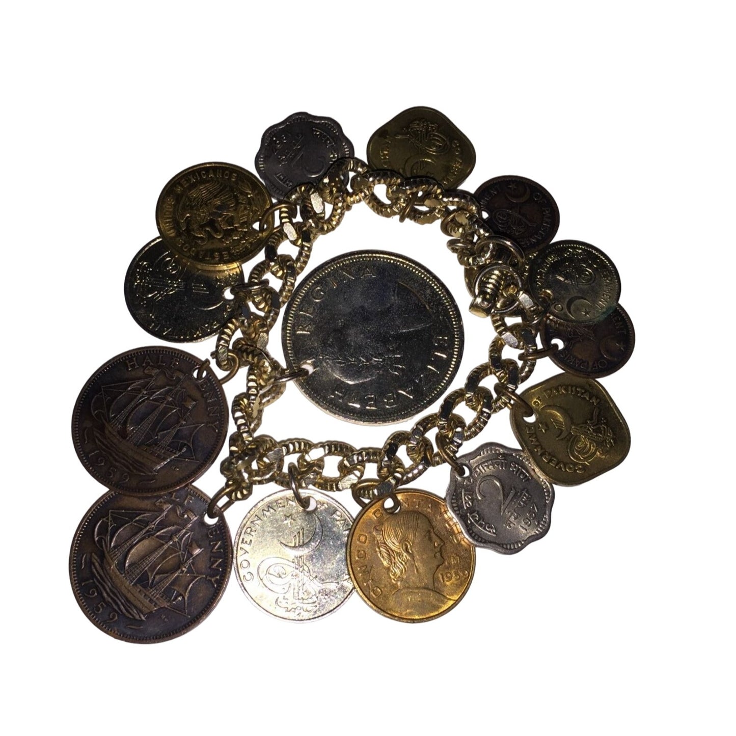 Vintage 1950s Older Foreign Coin Bracelet - Coins from Around the World