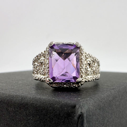 Beautiful Emerald Cut 2.25 Carat Amethyst Ring - Sterling w Diamond Accent Size 8