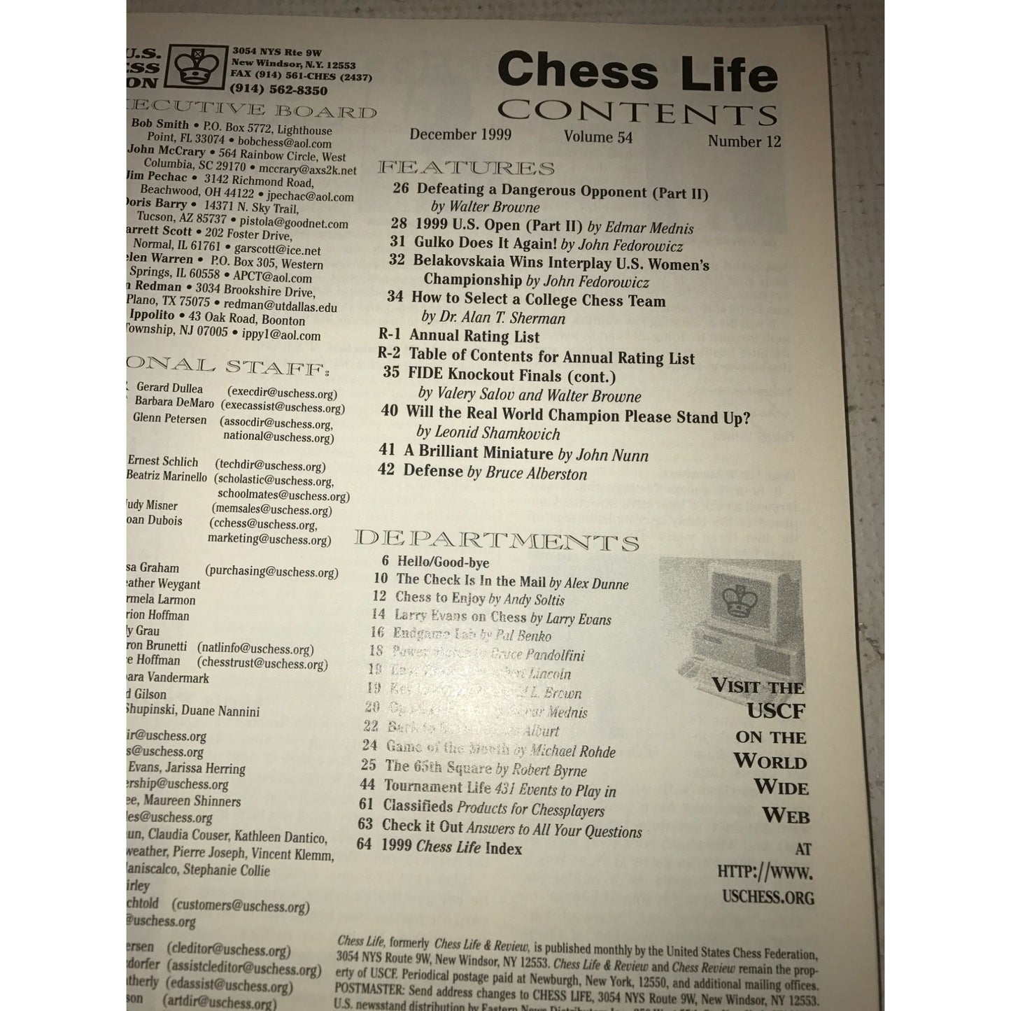 Vintage Bundle of 4 Chess Life Magazines- Jan, Aug, Oct, Dec 1999