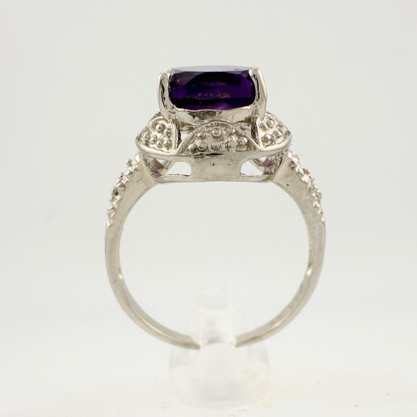 Beautiful Dark Purple Amethyst and Diamond Accent Ring - Sterling Silver Size 7.25