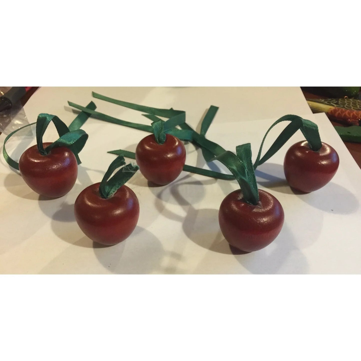 Set of 5 Christmas Ornaments- Wood Cherries/Apples Red with Green Ribbon - A+ Stuff