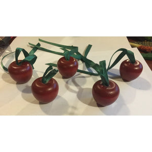 Set of 5 Christmas Ornaments- Wood Cherries/Apples Red with Green Ribbon