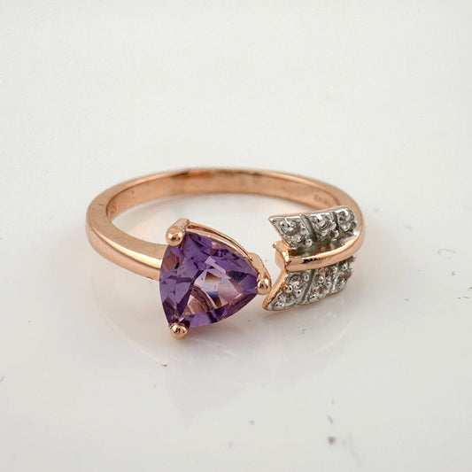 Beautiful Trillion Cut Purple Amethyst Arrow Ring  14kt Rose Gold Overlay Sterling Silver - Size 7