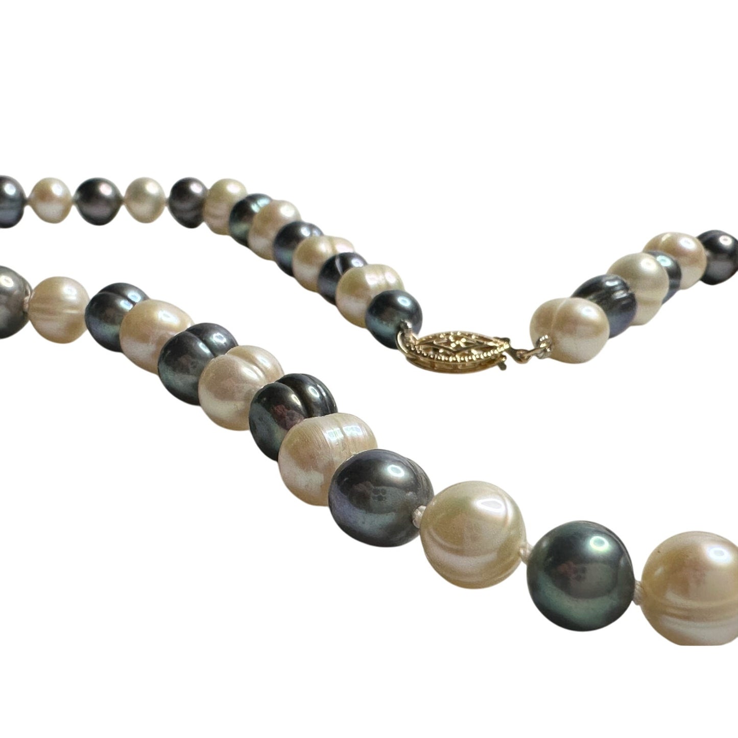 14kt Gold Hand Knotted 7mm Peacock Black (Bluish) & White Pearl Necklace 17"
