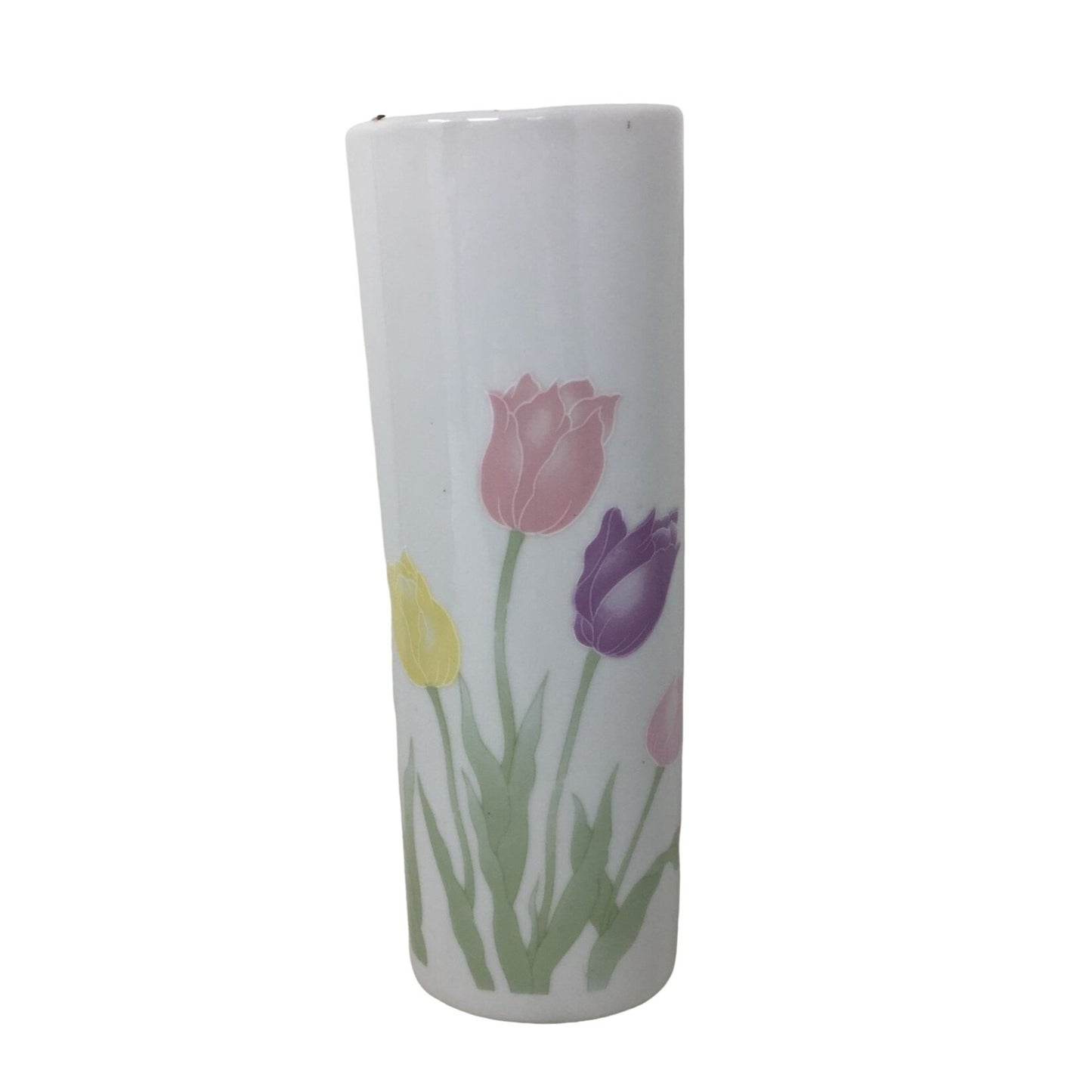 Vintage 1989 Ceramic Bud Flower Vase "Especially For You" w/ Pink, Purple & Yellow Tulips