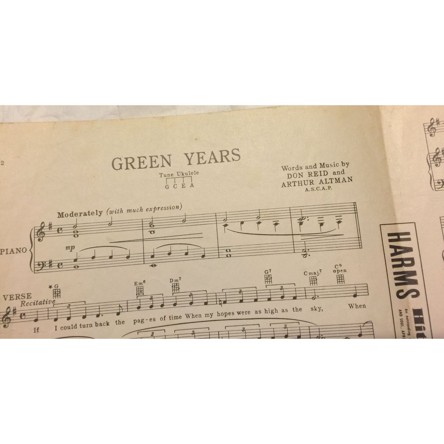 Green Years by Don Reid & Arthur Altman Vintage Sheet Music