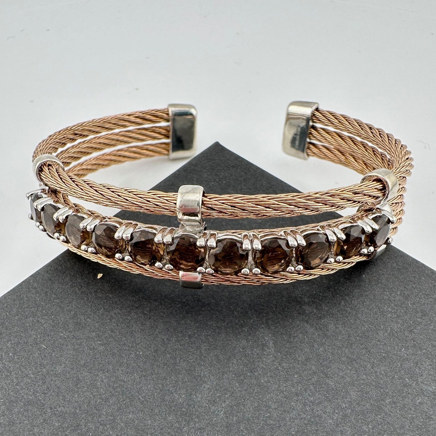 10 Ct Smokey Quartz Twisted Bands Cuff Bracelet - Sterling Silver & Stainless Steel