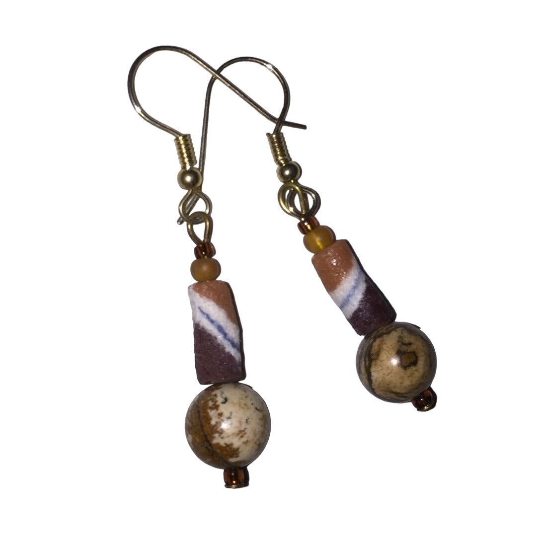 Womens Brown and Beige Dangly Beaded Earrings