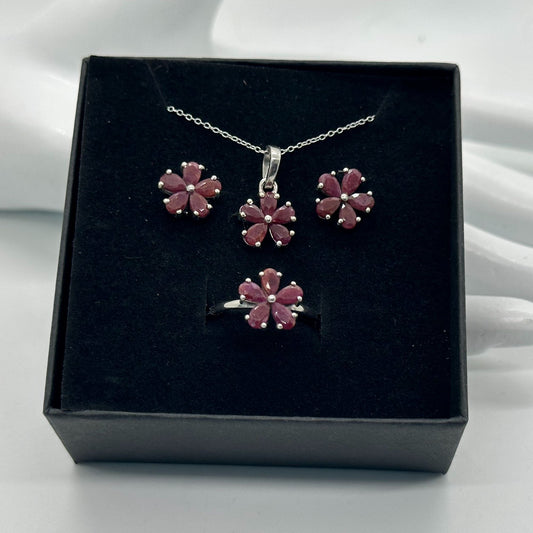 Natural Ruby Flower Jewelry Set  - Necklace with Pendant, Earrings and Ring - Simply Beautiful!