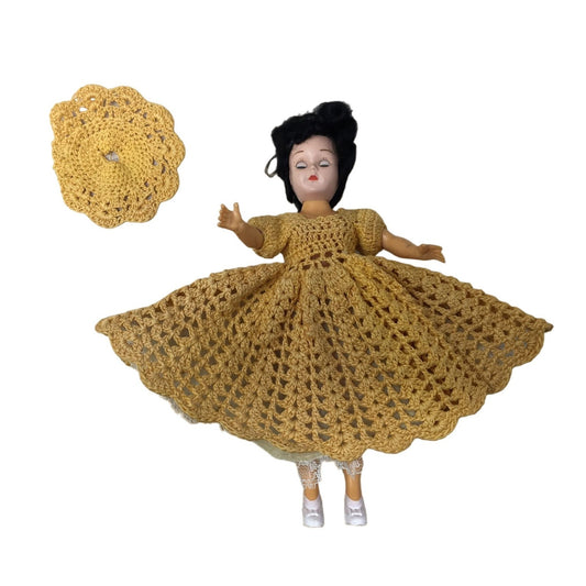 Vintage Collectible Doll Black Hair/Blue Eyes, Wearing Yellow Crocheted Dress & Hat