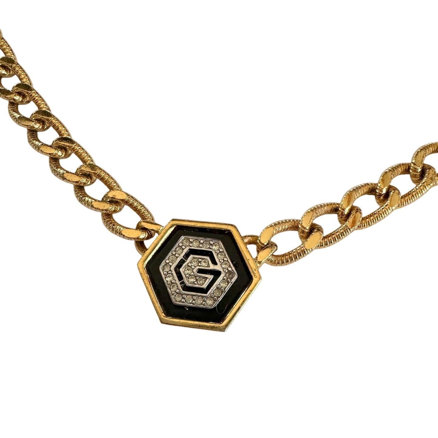 Givenchy Necklace with "G" in Hexagonal Pendant of Black Enamel and Rhinestones