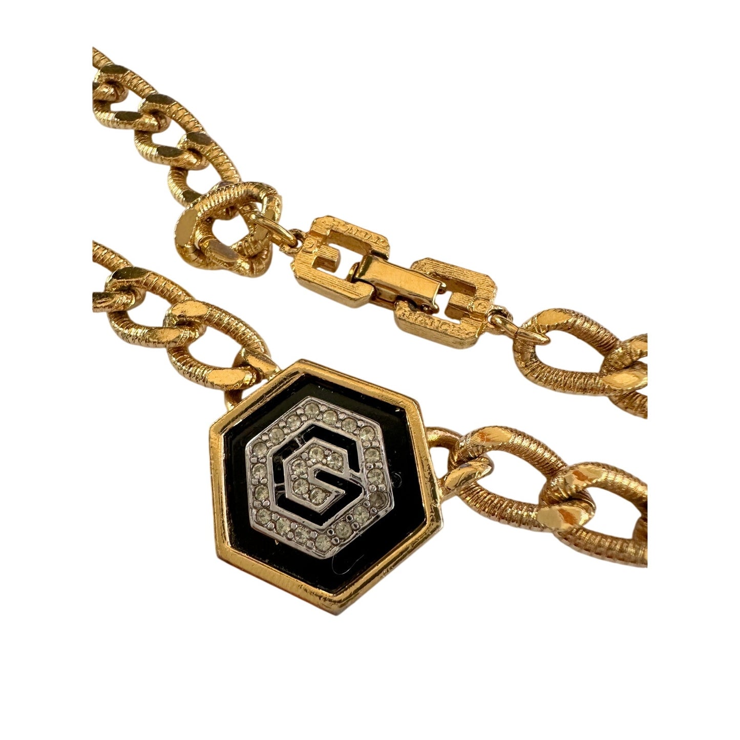 Givenchy Necklace with "G" in Hexagonal Pendant of Black Enamel and Rhinestones