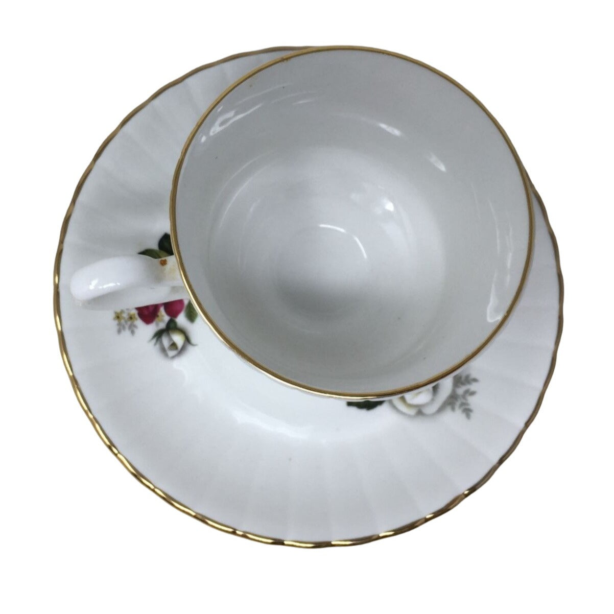 Royal Stafford Bone China Tea Cup and Saucer Set Gold Rimmed with Roses Printed on Each