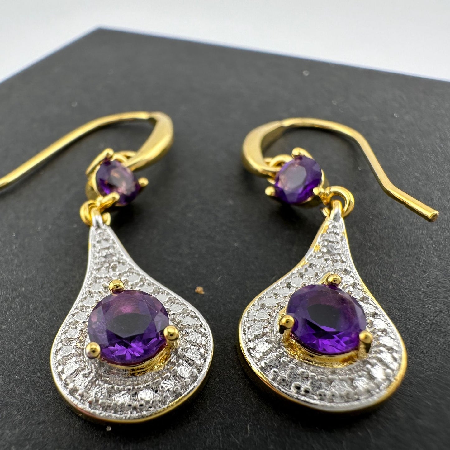 Pretty Teardrop Purple African Amethyst Earrings with Detailing and Gold Overlay