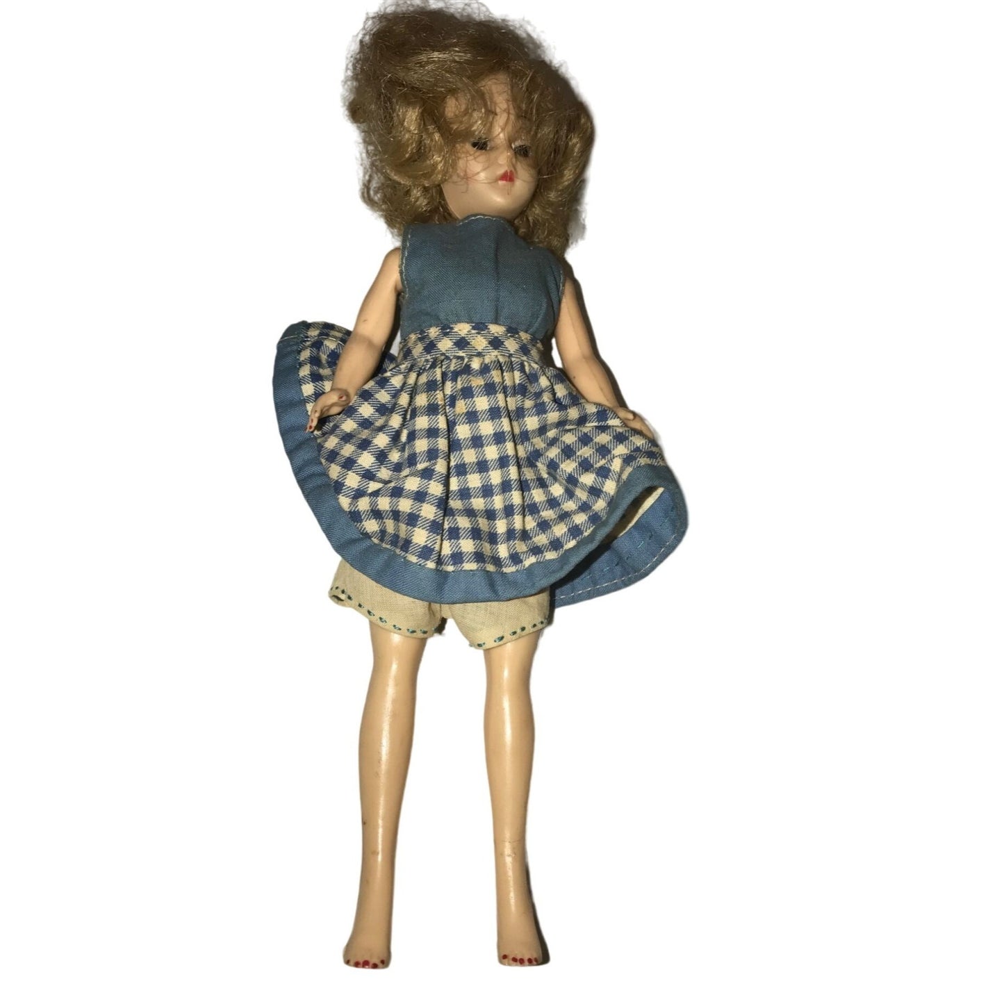 Vintage 1960s Doll Blonde Hair/Blue Eyes, Wearing Blue/White Plaid Dress (8.5 inches tall)