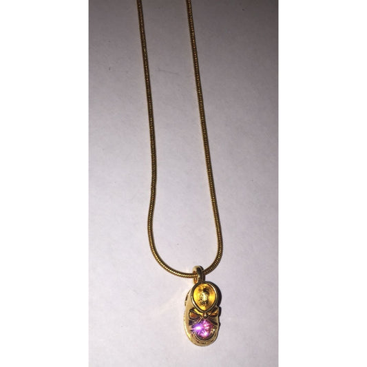 Womens Gold Tone Necklace with Chain and Baby Shoe w/ Pink Rhinestone (Month of Oct.)